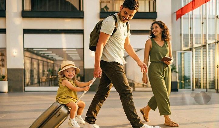 Família iniciando uma nova jornada de viagem em um aeroporto