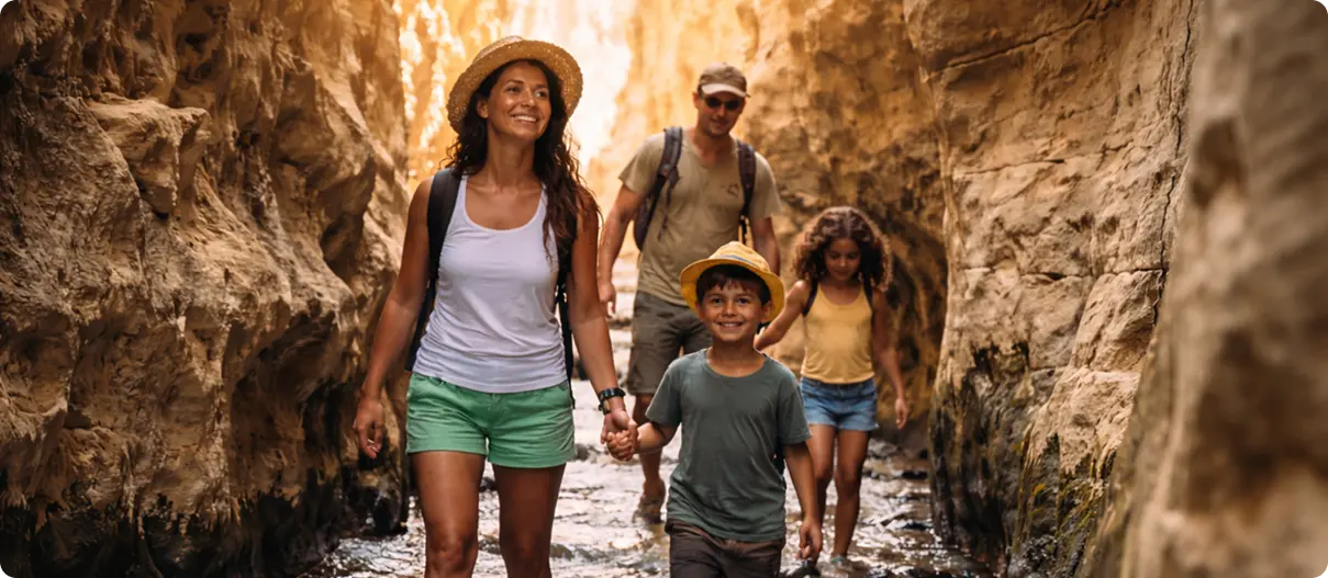 Família caminhando junta em uma paisagem natural durante uma viagem