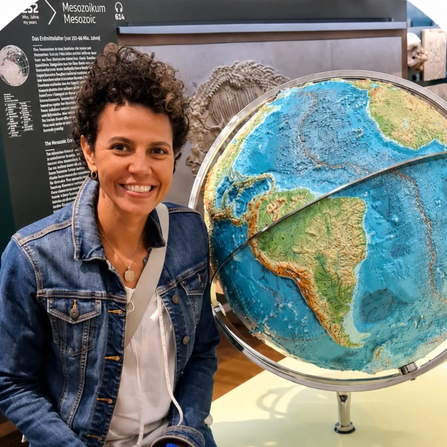 Geovanna, fundadora da Geo Horizont Travel, segurando um globo terrestre